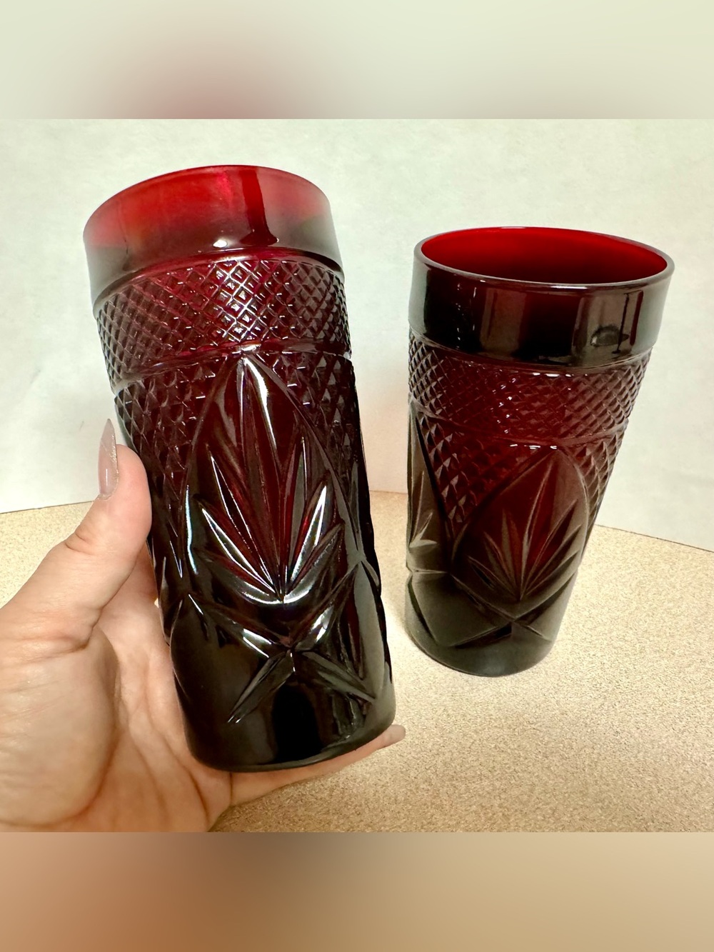 Set of 2 Vintage Ruby Red French Cristal D'Arques-Durand Tumblers Glasses